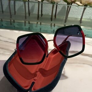 Gucci Red and Black Hexagonal Sunglasses